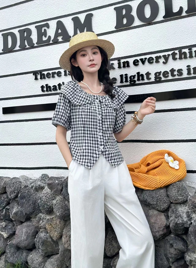 2508#【衣长52】格子短袖衬衫女夏季超火减龄法式绝美一字肩上衣