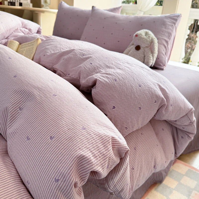 小清新双层纱床上用品四件套非全棉纯棉床单人被套宿舍床笠三件套