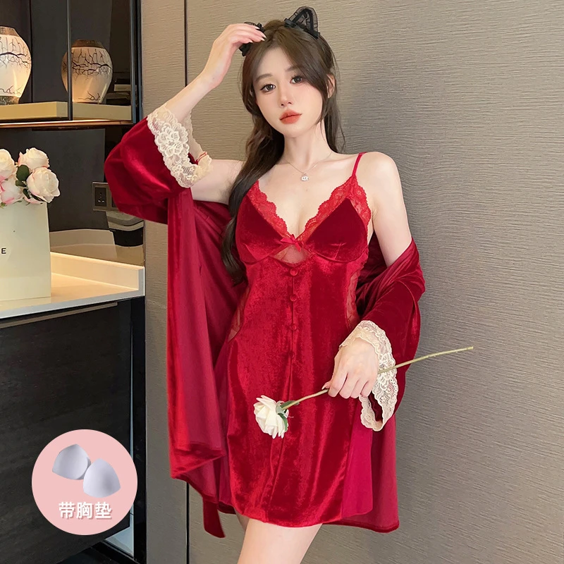 秋冬新款金丝绒性感睡衣女睡衣蕾丝吊带睡裙睡袍两件套纯欲家居服