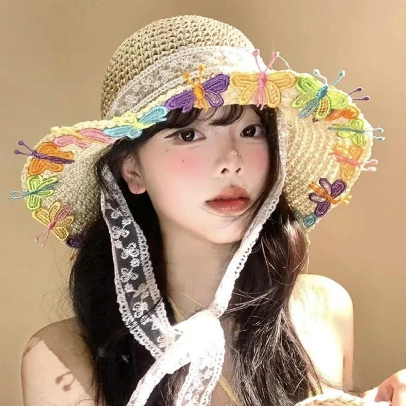 蝴蝶草帽夏季海边防晒拍照网红出片少女装饰户外防晒帽防紫外线