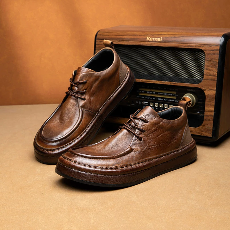 2025牛皮新款商务正装休闲皮鞋青年系带板鞋真皮复古厚底工装鞋潮