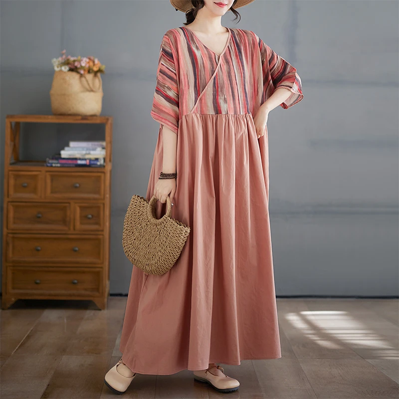清仓捡漏~大码女装V领拼接复古风连衣裙2025夏季显瘦宽松大码长裙