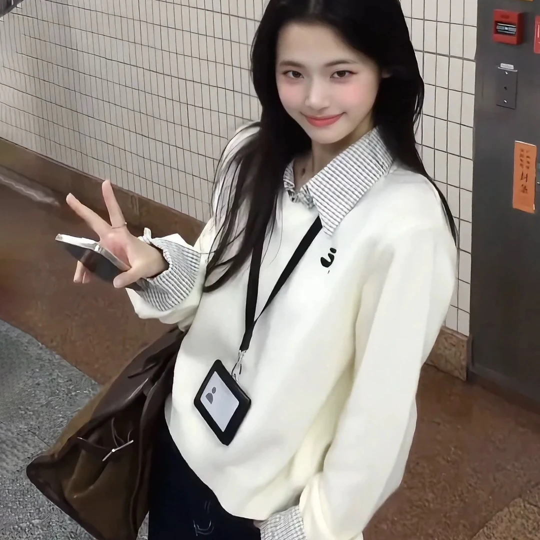 韩系早秋穿搭假两件polo领毛衣女学院风秋冬季衬衫拼接针织衫上衣