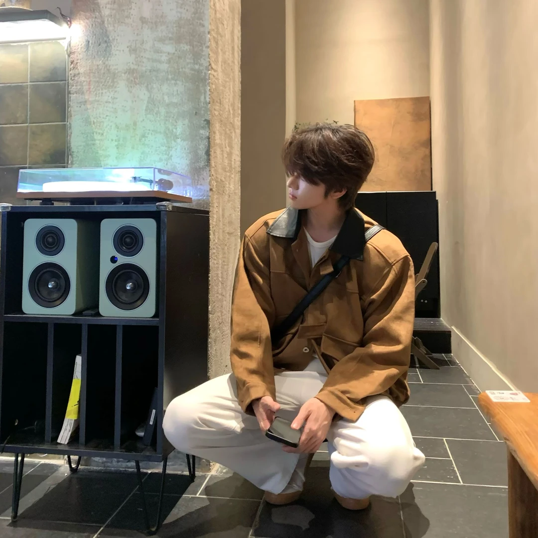Woosine“ 褐屿秋声”复古拼皮翻领夹克外套垫肩宽松长袖高级感男