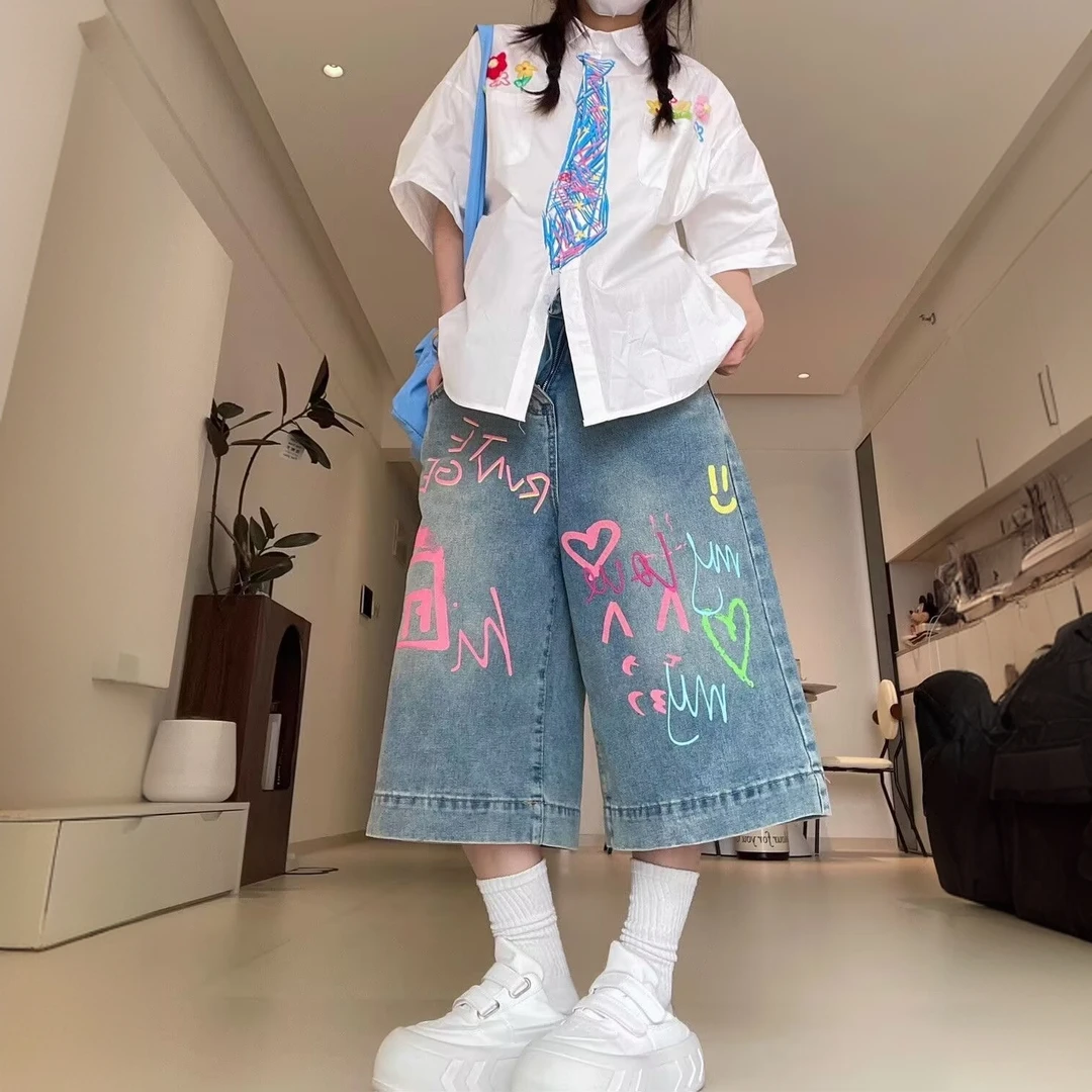 短裤纽扣灯笼裤涂鸦七分裤牛仔裤夏装夏季休闲薄款百搭宽松