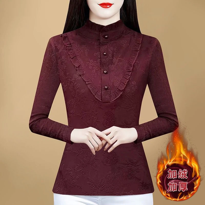 GF#5537 秋冬新款时尚洋气百搭半高领荷叶边套头长袖女装一体绒打