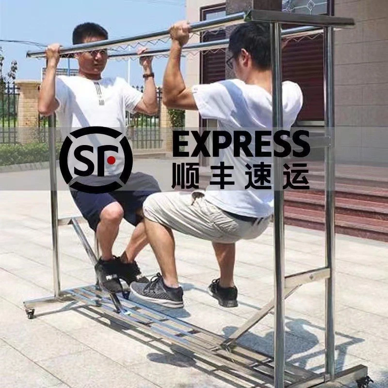 304纯正不锈钢特厚可移动挂衣架带轮双杆可折叠加粗防风室内户外