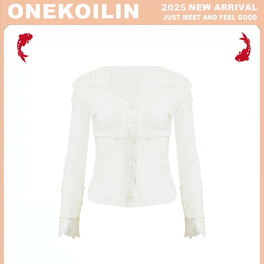 OneKoilin“心动蕾丝”爆百搭显瘦棉纶拼接蕾丝上衣 XDLS