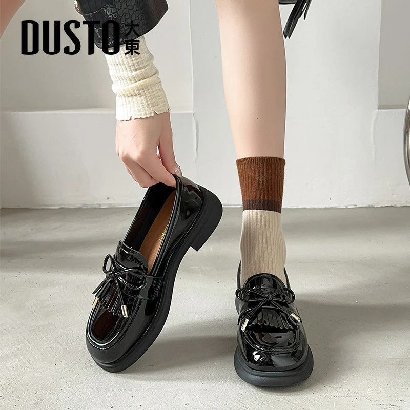 大东2025秋新款乐福鞋漆皮女鞋韩版单鞋百搭黑色圆头小皮鞋0205