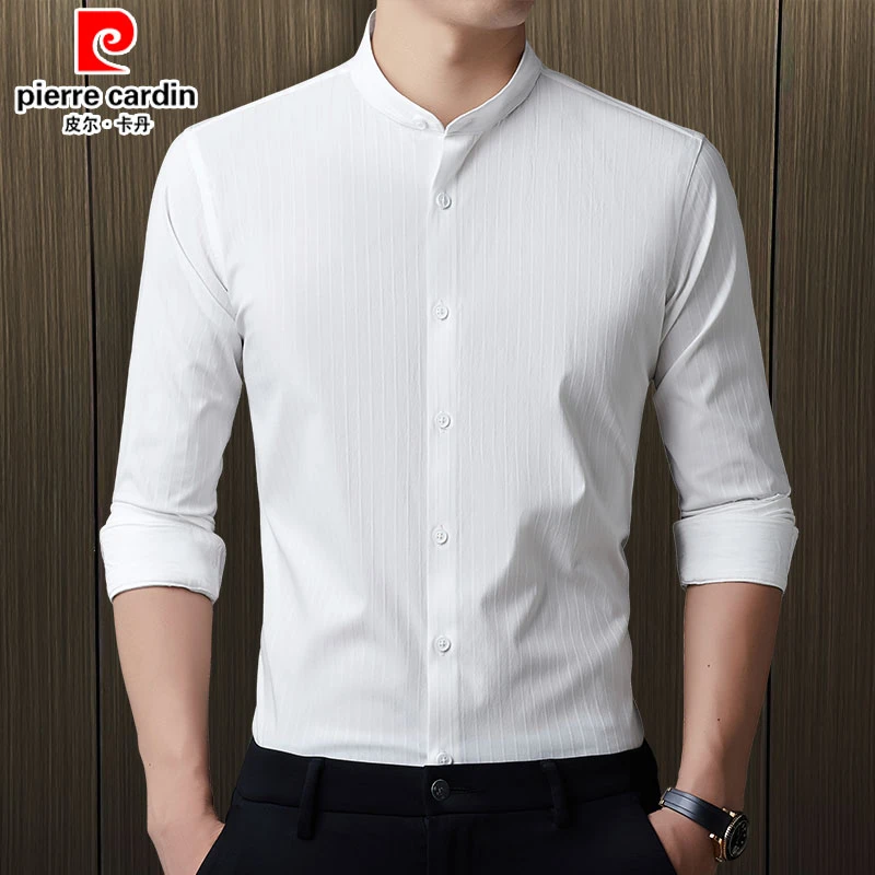 皮尔卡丹男士立领衬衫白色弹力中华立领衬衣中青年韩版纯色薄款