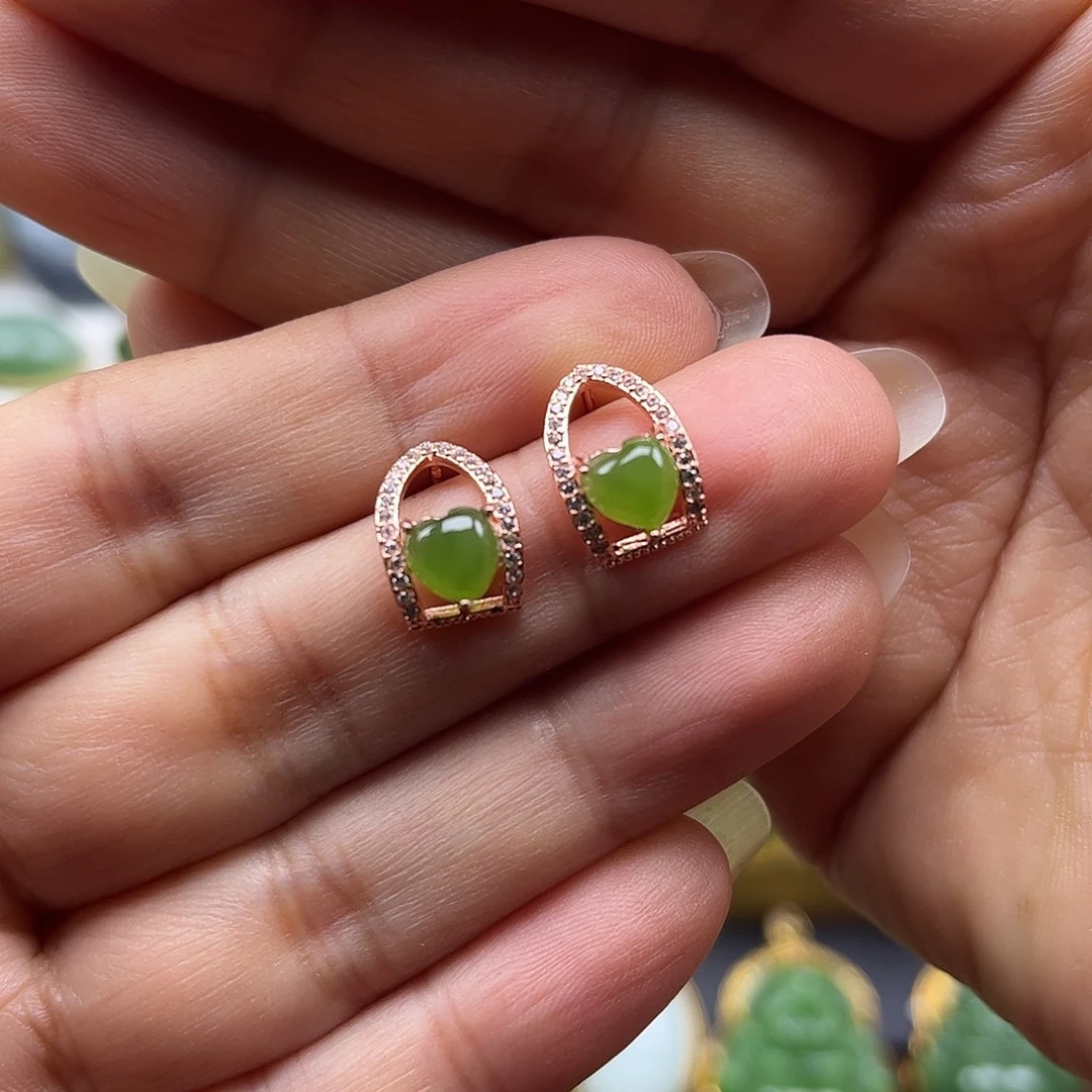 和田玉银S925镶嵌耳饰