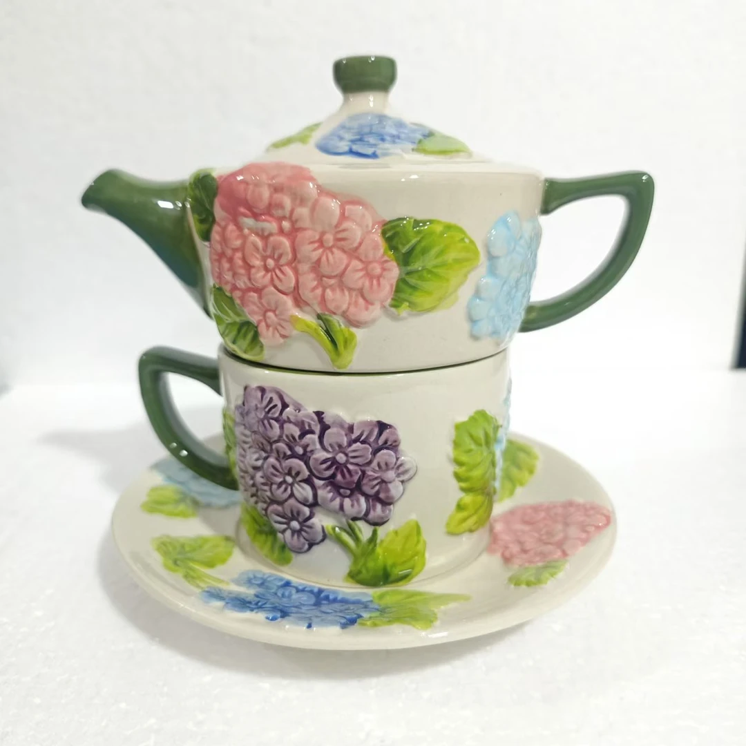 绣球花陶瓷茶壶咖啡杯碟3件套