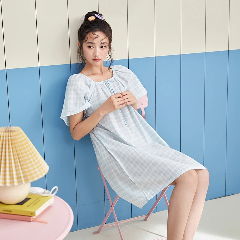 安之伴【梭织棉布】睡裙女夏季纯棉格子短袖甜美可外穿82522122034