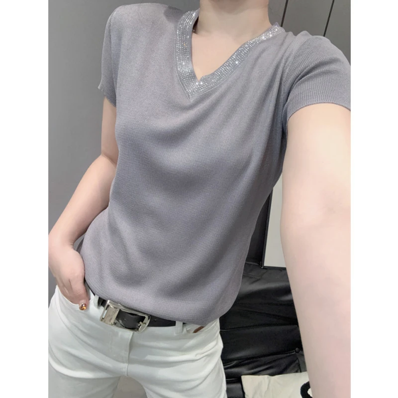 烫钻V领冰丝针织衫短袖女设计感气质百搭修身半袖上衣夏季欧洲站