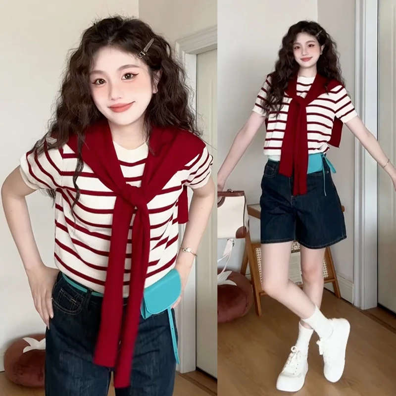 新款韩系设计感条纹撞色短袖T恤女夏季2025新款百搭休闲上衣3121