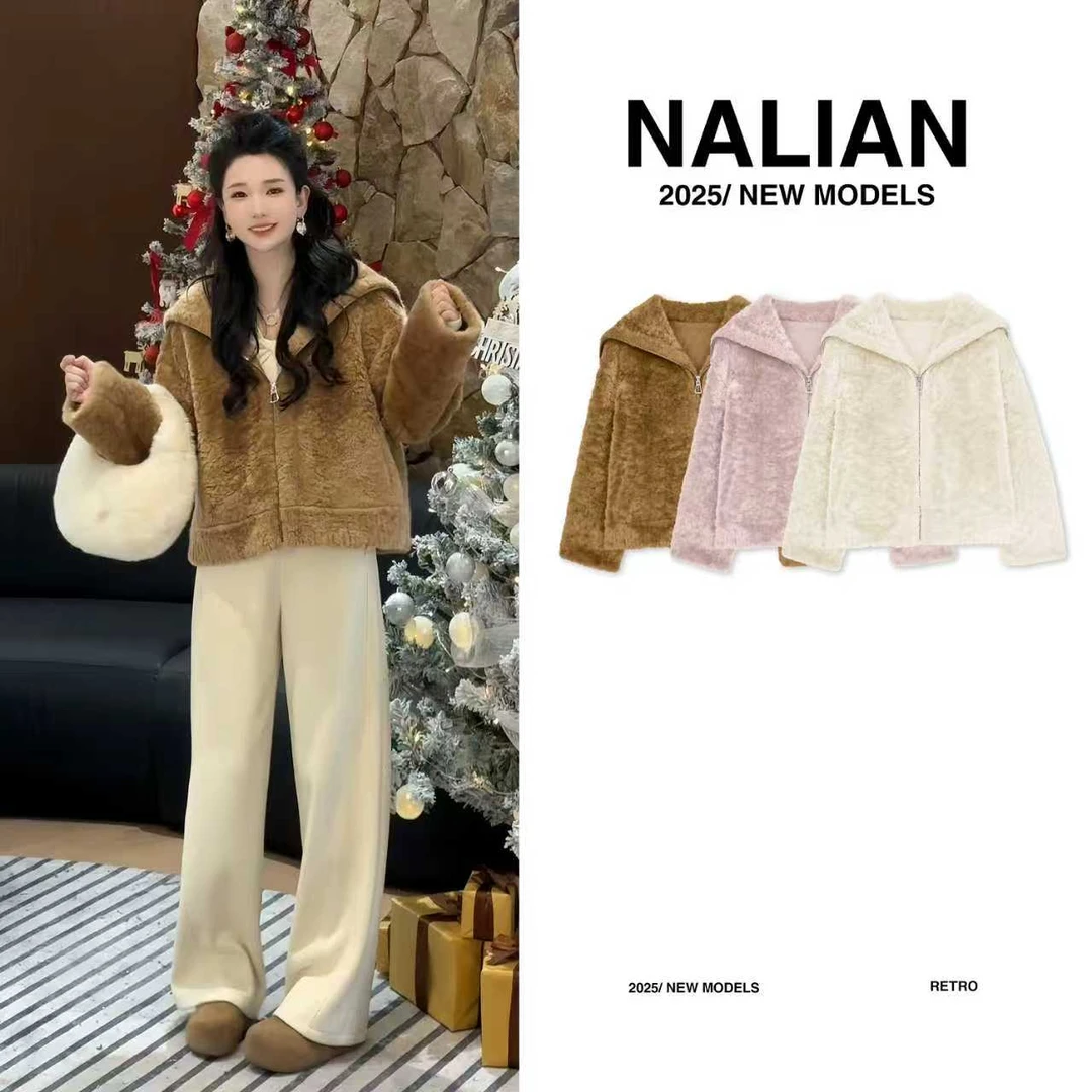 拿恋JGCZM00002#气质时尚大翻领拉链皮毛气质高级感外套00002秋冬
