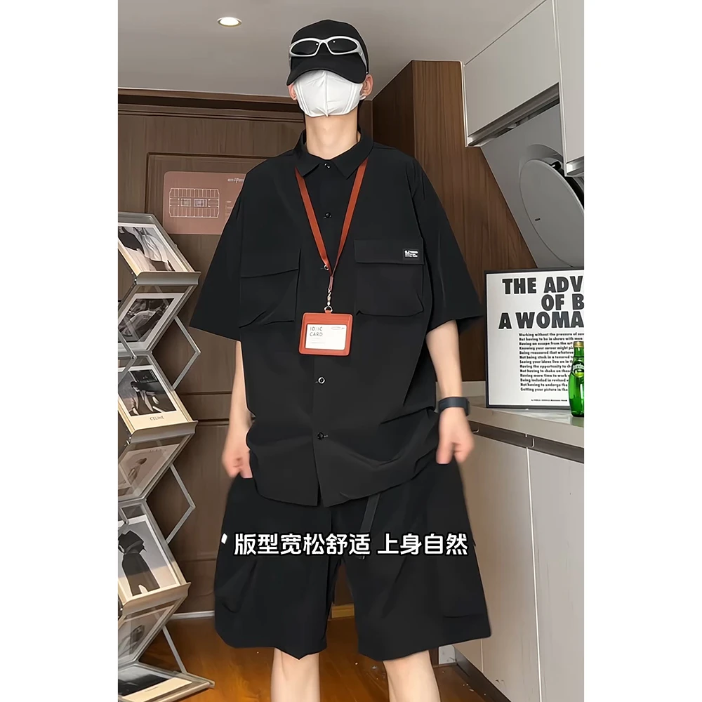 防水速干冰丝套装男夏季薄款潮宽松衬衫短袖工装短裤男装一套搭配