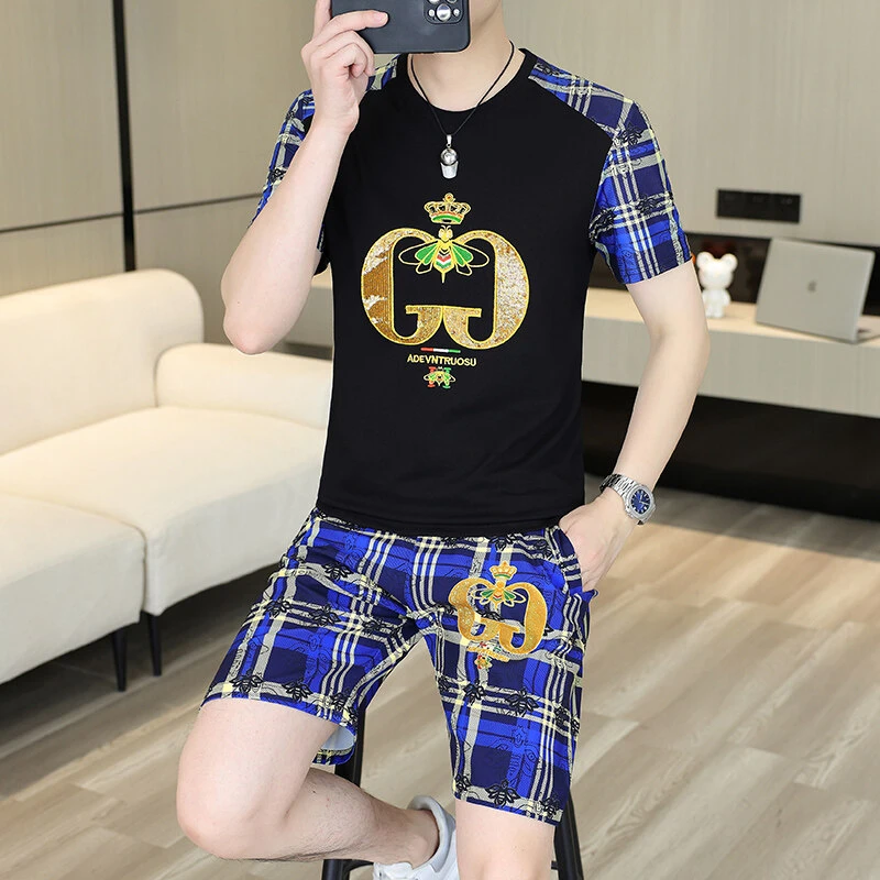 轻奢欧货夏季套装潮流男士时尚休闲圆领短袖轻奢五分裤两件套