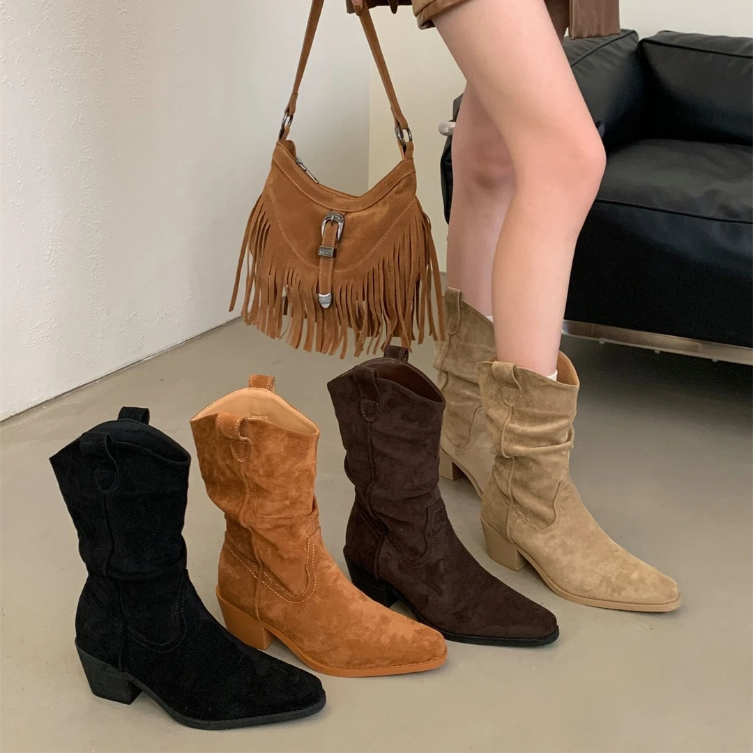 尖头褶皱堆堆靴女2025年新款中筒骑士靴复古西部牛仔靴美拉德短靴