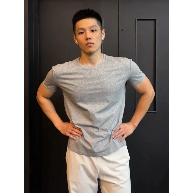 灰色美式正肩短袖男夏季液氨棉凉感修身重磅硬挺t恤小领口三分袖