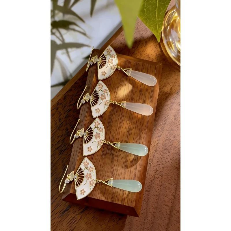 铜合金耳饰 a37 a38欧比雅比【珐琅扇子流苏】复古新中式耳环17267