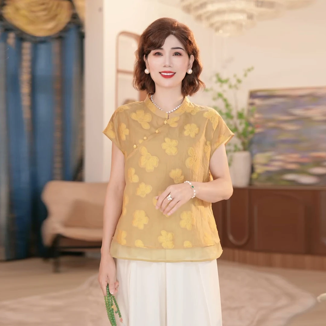 中年妈妈夏季新中式小衫2025新款洋气减龄显瘦中老年女装国风上衣