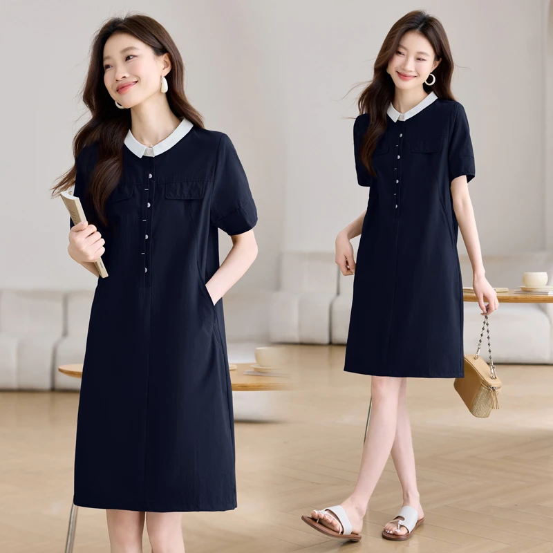 休闲撞色衬衫连衣裙女2025夏季新款宽松洋气减龄娃娃领中长款裙子