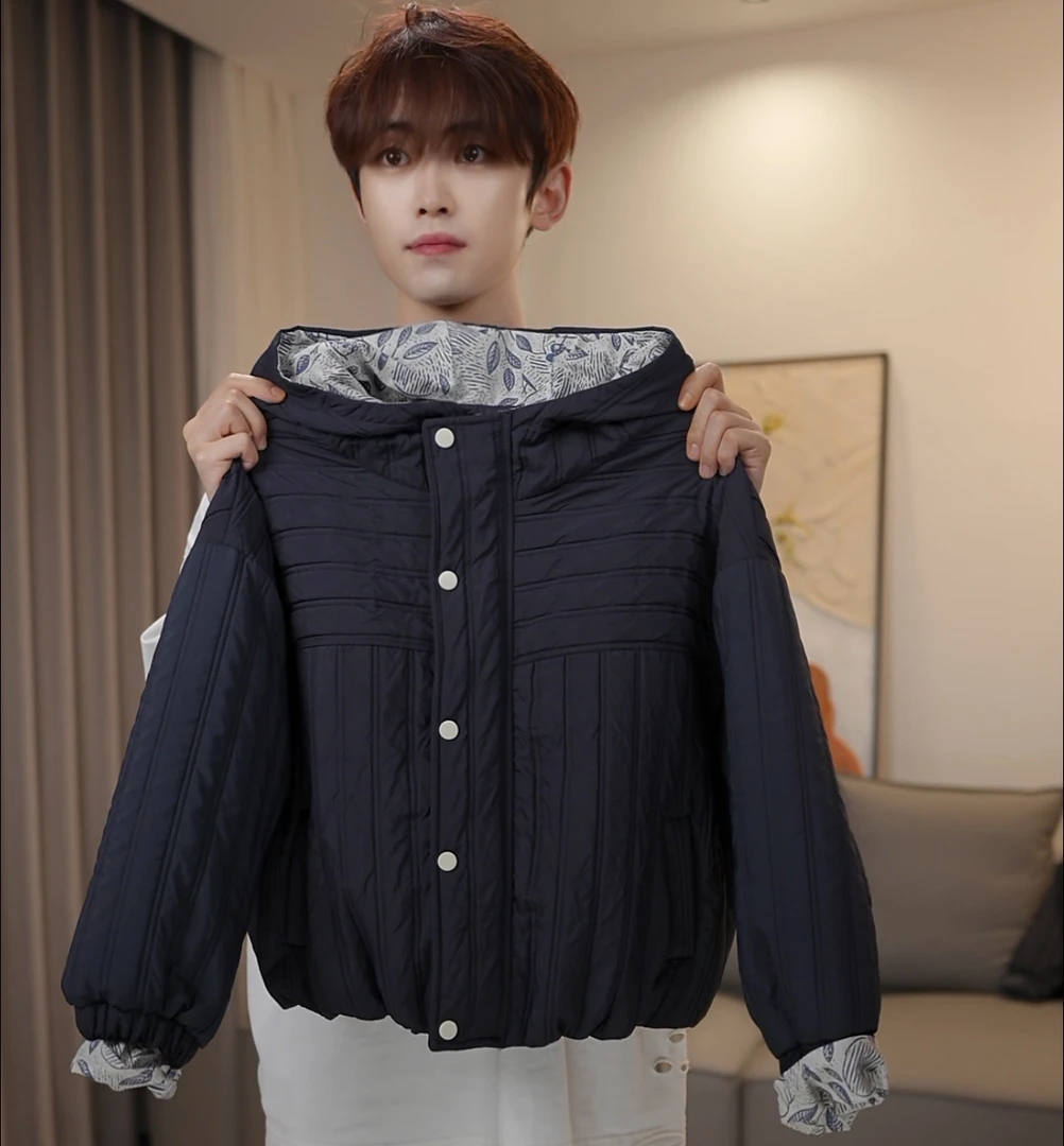 [高品质]2025冬季新款深秋夹棉韩系碎花拼接棉服连帽外套