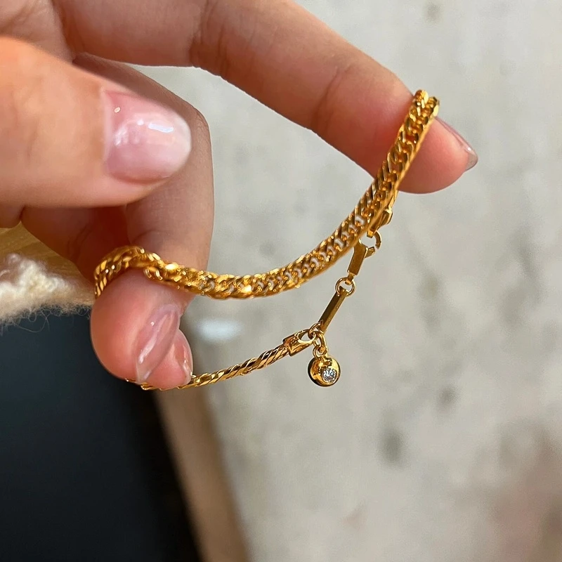 铜合金手链 中古金色蛇骨链锆石手链时尚小众设计高级感叠戴手饰