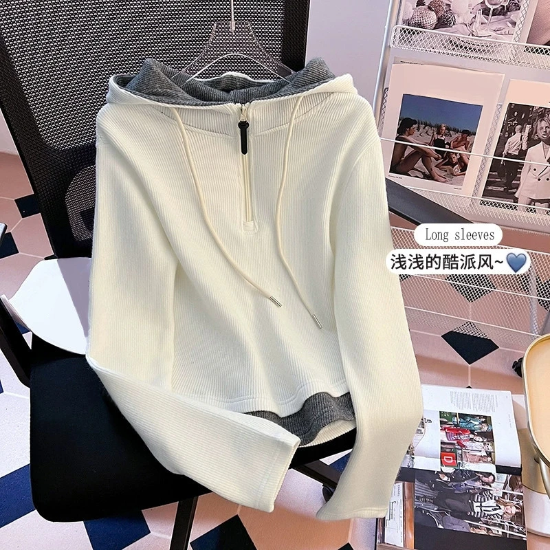 妙优可假两件打底衫女大码修身半拉链卫衣今年流行独特漂亮小衫女