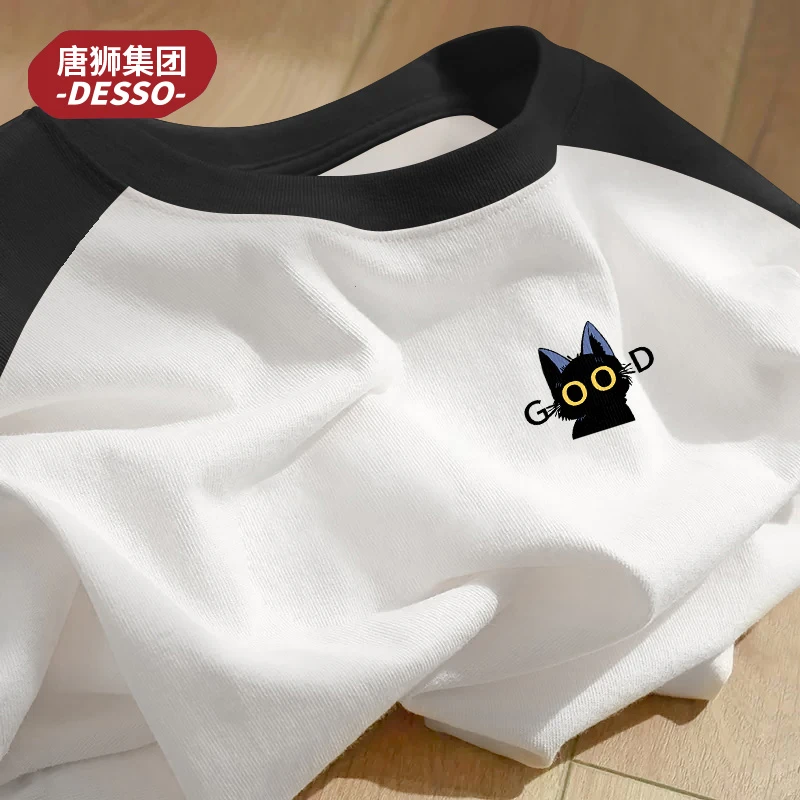 唐狮集团desso插肩撞色纯棉短袖女款圆领小猫T恤休闲衣服女慵懒风