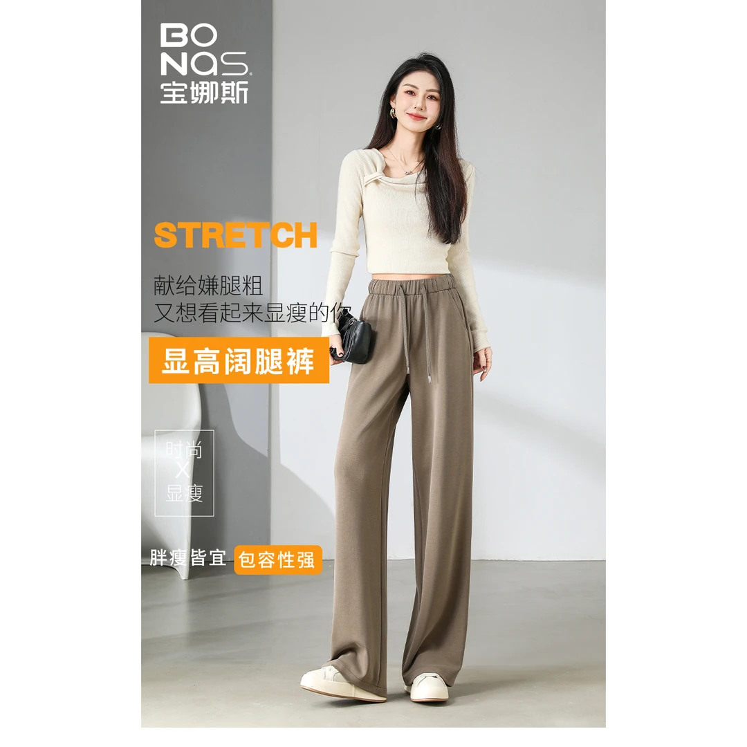 BONAS/宝娜斯2025秋上新窄版直筒裤女开纤砂洗休闲百搭裤92760-F