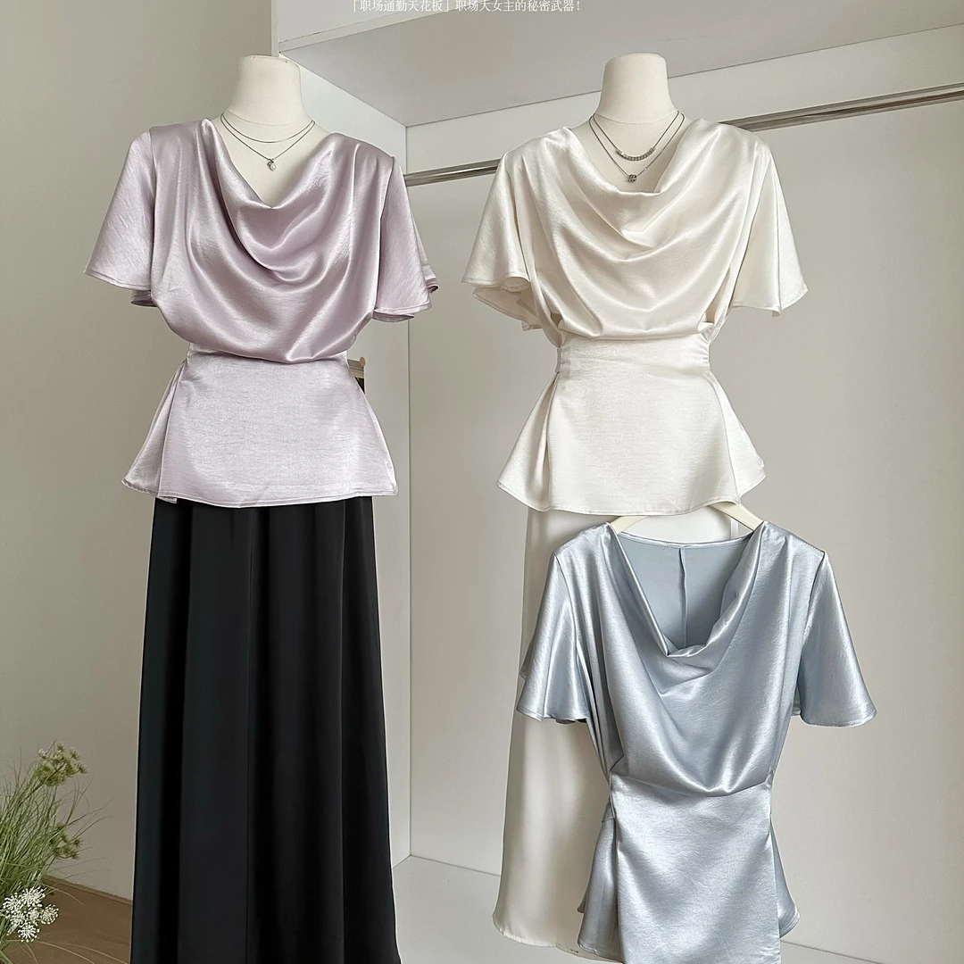 醋酸收腰衬衫女2025新款轻奢高级感气质独特漂亮荡领短袖夏季小衫
