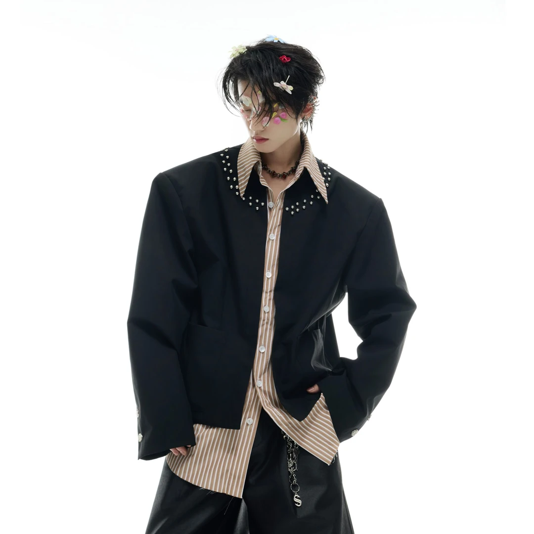 ArguE CulturE小众假两件条纹拼接衬衫男金属铆钉设计感薄款外套