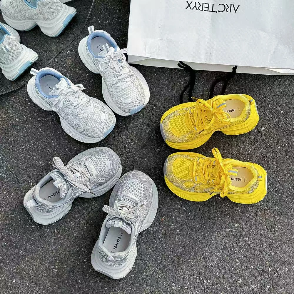 闪亮水钻老爹鞋女2025新款夏季网面透气软厚底增高低帮休闲运动鞋
