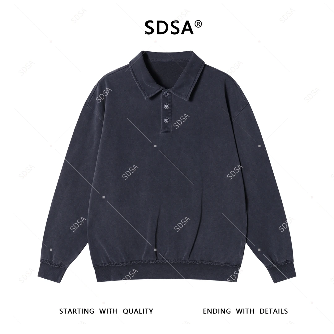 SDSA男士秋冬新款轻奢痞帅男装纯色半纽扣翻领长袖T恤宽松潮流