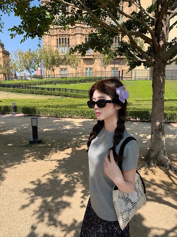 11017夏季新款小众纯色简约休闲宽松百搭短袖T恤上衣女