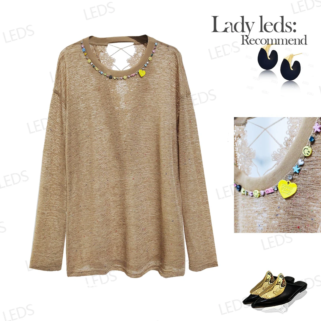 LEDS  32289夏日刚需彩珠项链领针织衫露背蕾丝设计柔软T恤