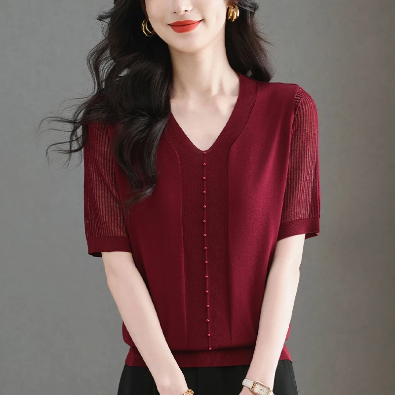 短袖女款爆款2025新款大码V领短袖T恤宽松显瘦薄款冰丝针织上衣女