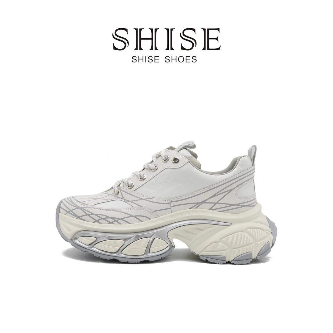 SHISE银白色老爹鞋女2025新款百搭厚底运动鞋女潮复古系带潮流