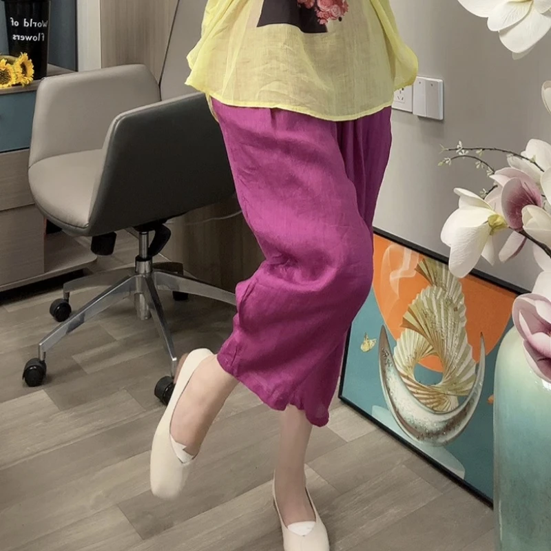 3097-夏季薄款松紧腰透气双层纯色阔腿八分哈伦裤显瘦高腰直筒