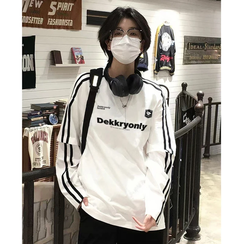 美式简约字母印花纯棉长袖T恤男秋季潮牌宽松拼接条纹假两件上衣