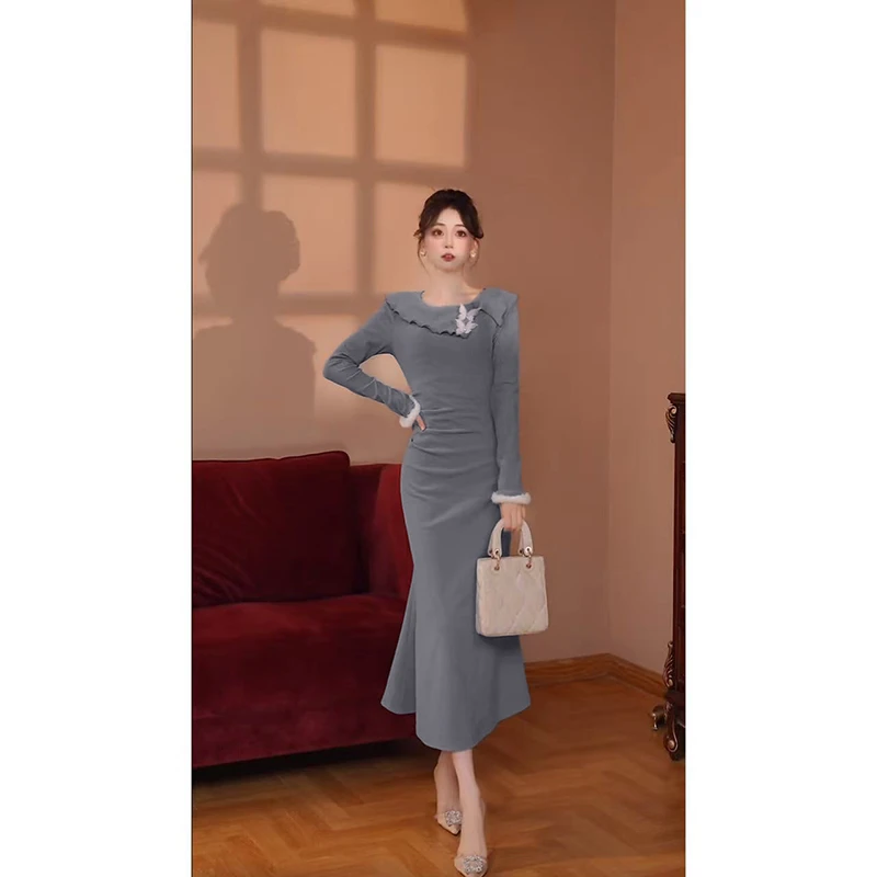 【瑞瑞定制】无拉链秋冬款氛围感韩系温柔慵懒假两件连衣裙女D4461