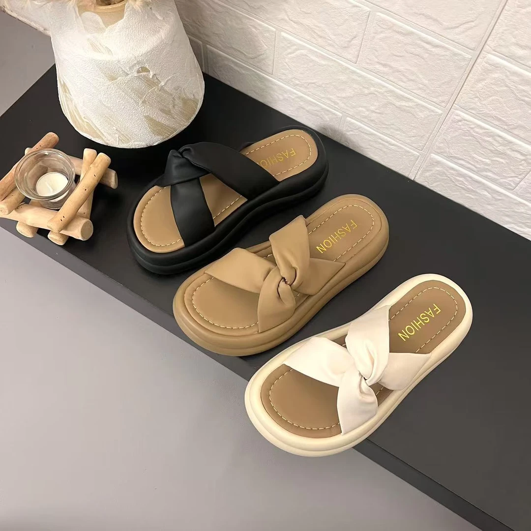 25年蝴蝶结扭结百搭简约一字拖厚底居家外穿休闲拖鞋舒适