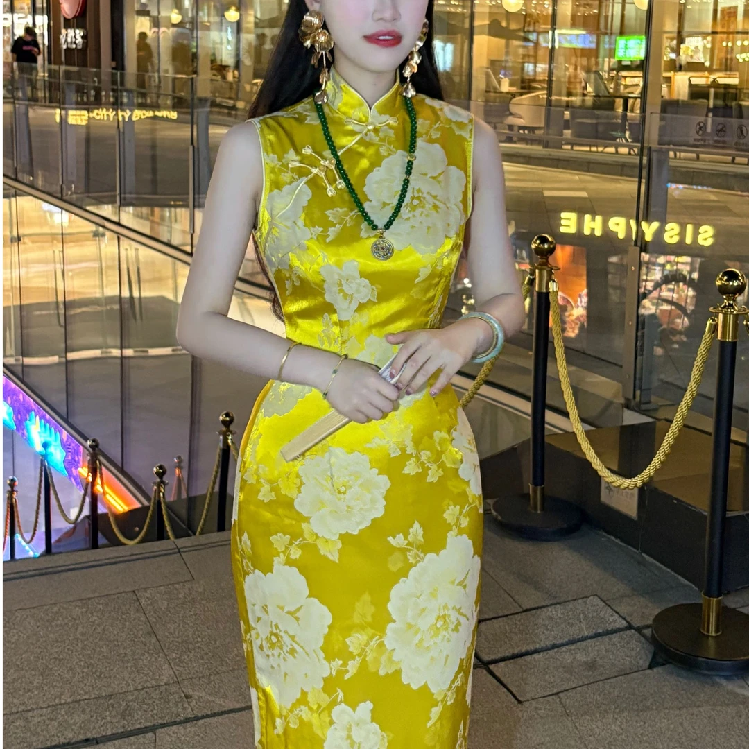 LHMknk1画报夫人原创自制国风夏季显瘦国风旗袍裙 港工金牡丹花