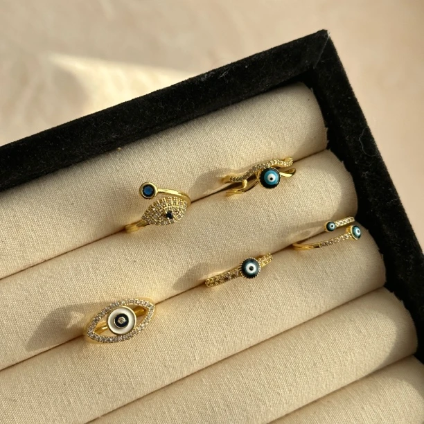 钛钢戒指 GULUM 1021 蓝眼睛恶魔之眼开口戒指复古