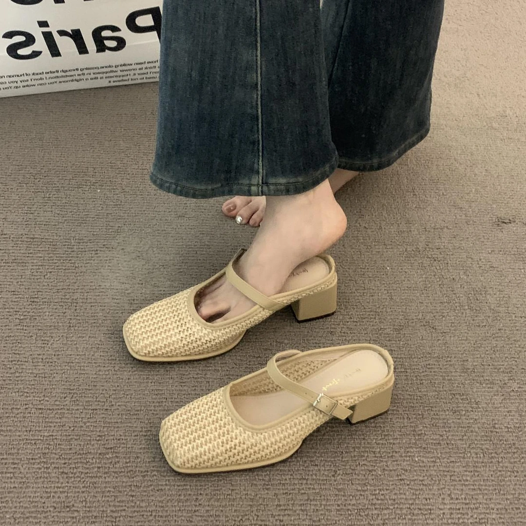晚晚风高跟波西米亚编织勃肯半拖鞋女外穿2025春夏度假包头凉拖鞋