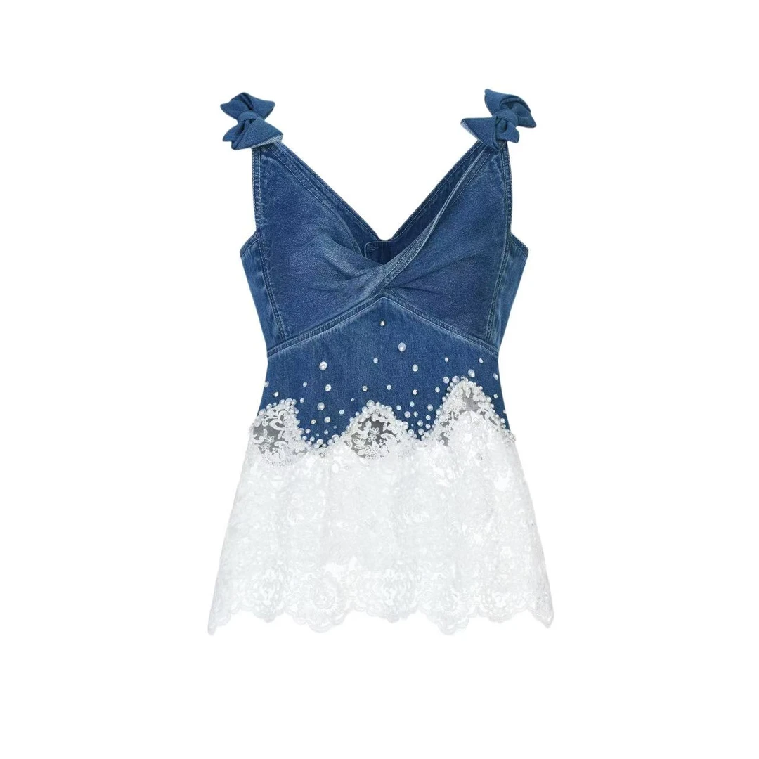 拉飞姆2025夏 牛仔蕾丝拼接上衣LF25X21NB036