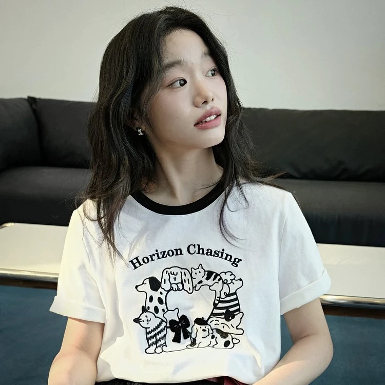 白色宽松圆领正肩短袖T恤女装2025春夏季新款字母立体刺绣上衣