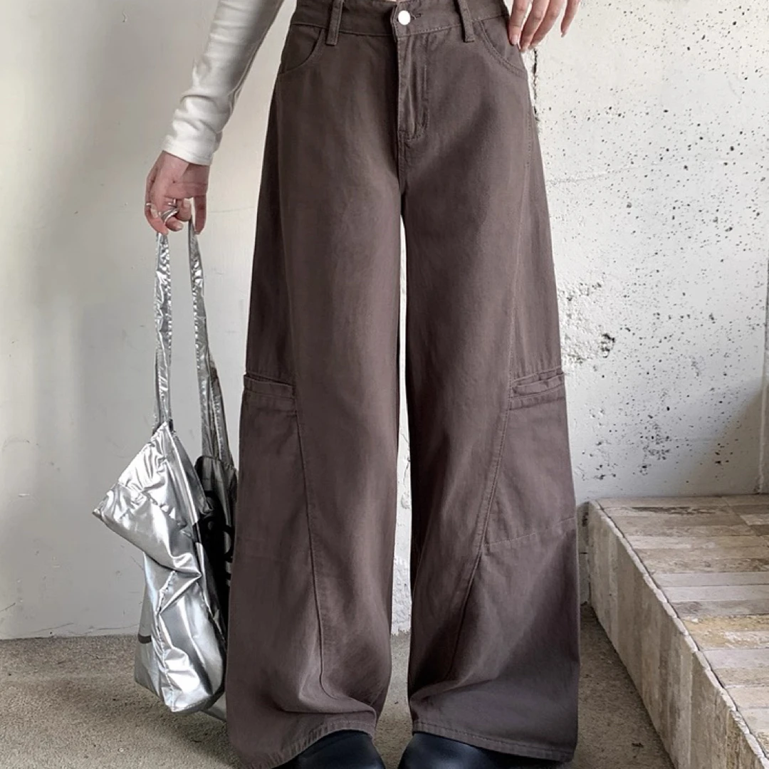 小个子秋冬磨毛100棉美式复古工装牛仔裤女小个子高腰直筒阔腿裤